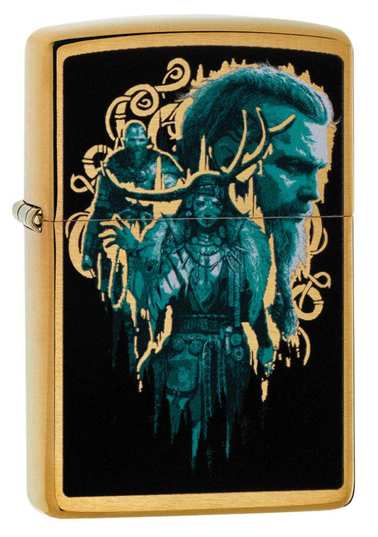 Assassin's Creed® Valhalla pocket lighter closed showing the front of the lighter at a 3/4 angle