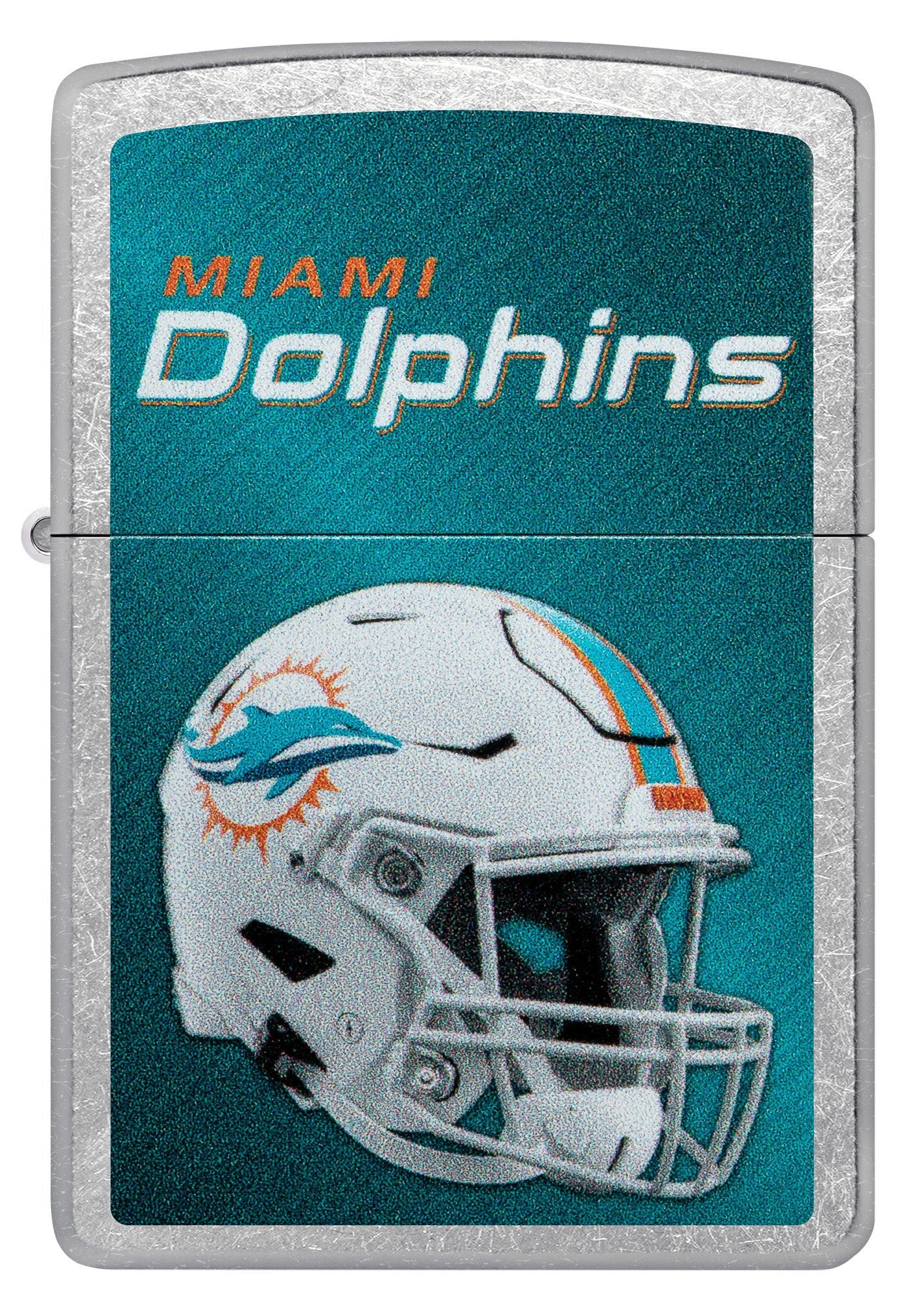 Front shot of NFL Miami Dolphins Helmet Street Chrome Windproof Lighter.