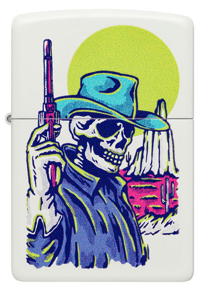 Front view of Zippo Wild West Skeleton Design White Matte Windproof Lighter.