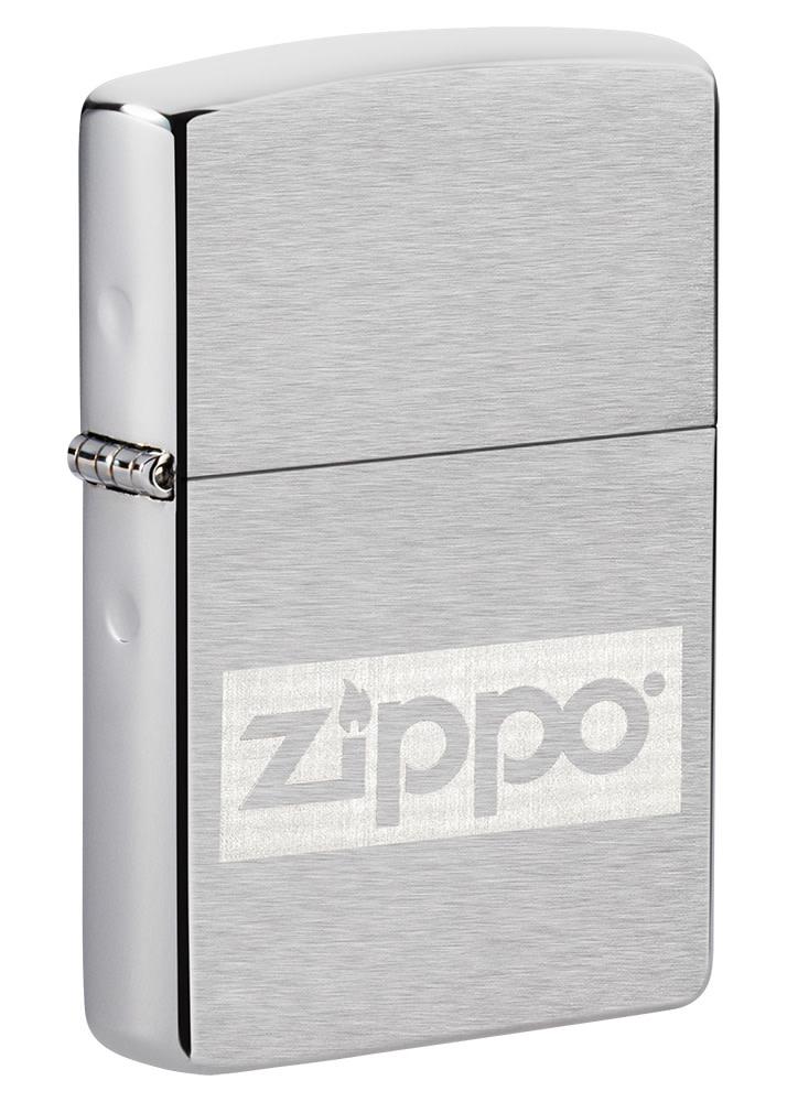 Brushed Chrome Zippo logo windproof lighter standing at a 3/4 angle