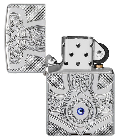 Medieval Design Armor® High Polish Chrome Windproof Lighter with its lid open and unlit