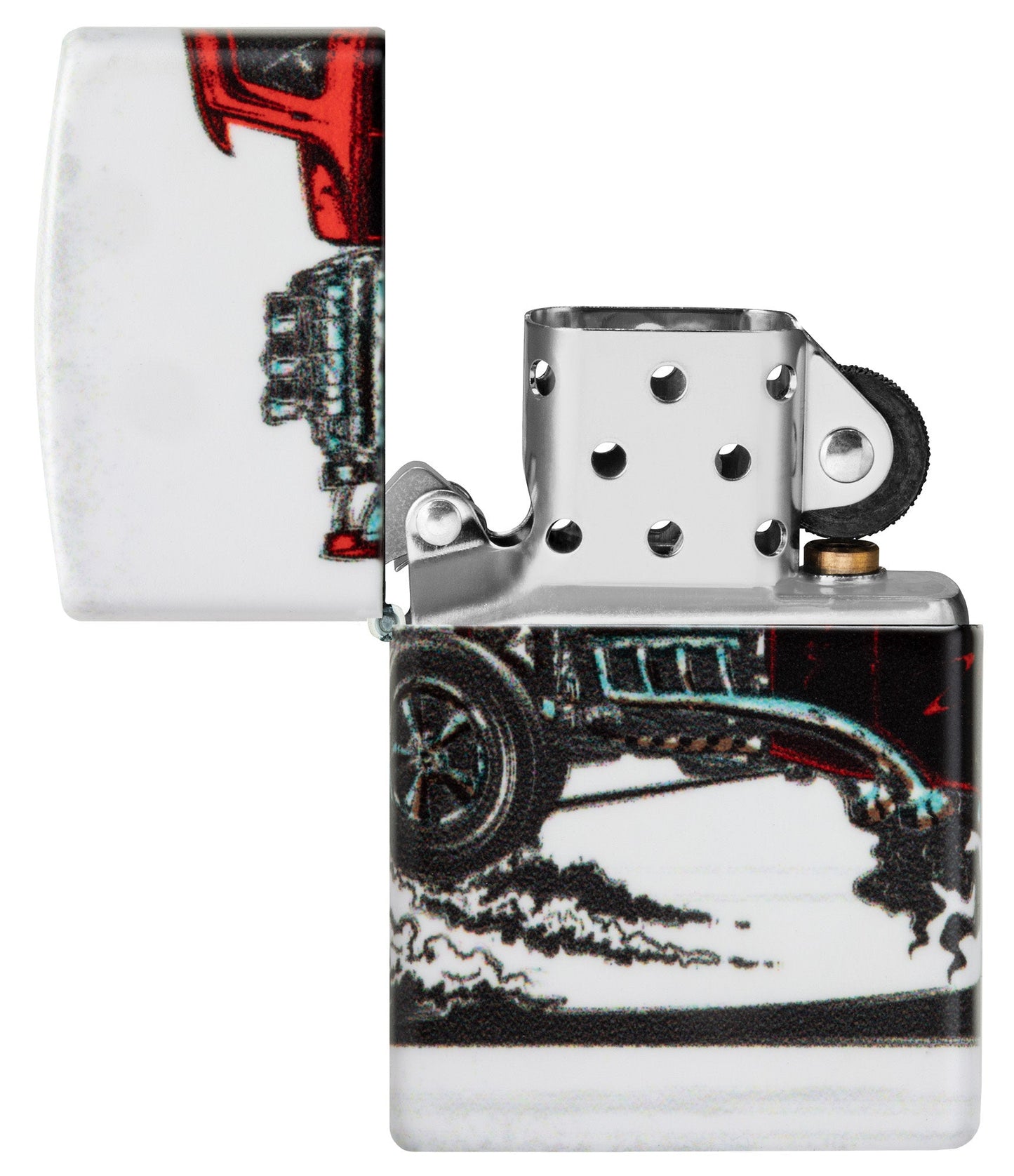 Zippo Hot Rod Design 540 Color Matte Windproof Lighter with its lid open and unlit.