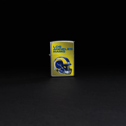 Lifestyle image of Zippo NFL Los Angeles Rams Helmet Street Chrome Windproof Lighter standing in a black background.