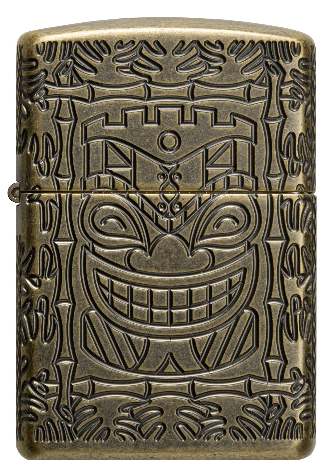 Front shot of Tiki Design Armor® Antique Brass Windproof Lighter.