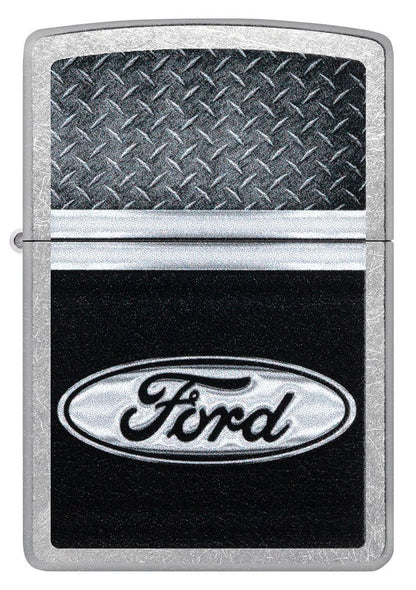 Front shot of Ford Logo Diamond Plate Metal Design Street Chrome Windproof Lighter.