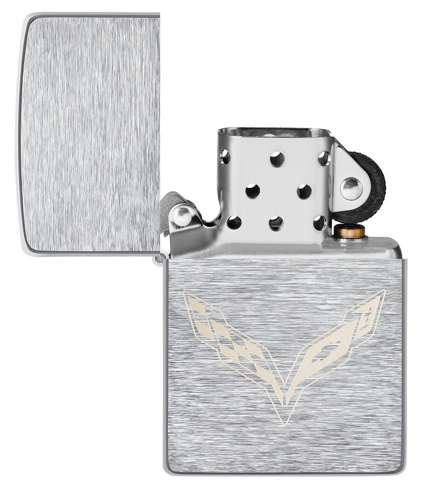 Chevrolet® Corvette Logo Brushed Chrome Windproof Lighter with its lid open and unlit.