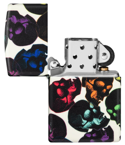 Skulls Design 540 Color Glow in the Dark Windproof Lighter with its lid open and unlit.