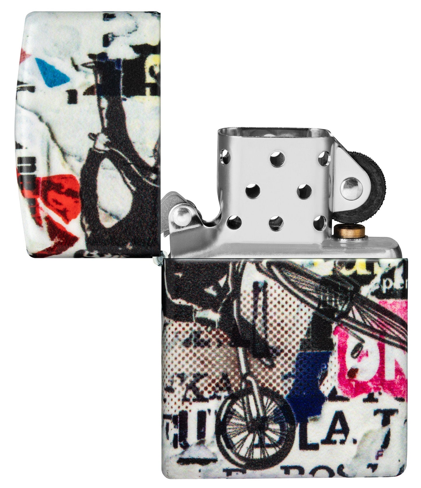 Zippo Pop Art Design 540 Color Windproof Lighter with its lid open and unlit.