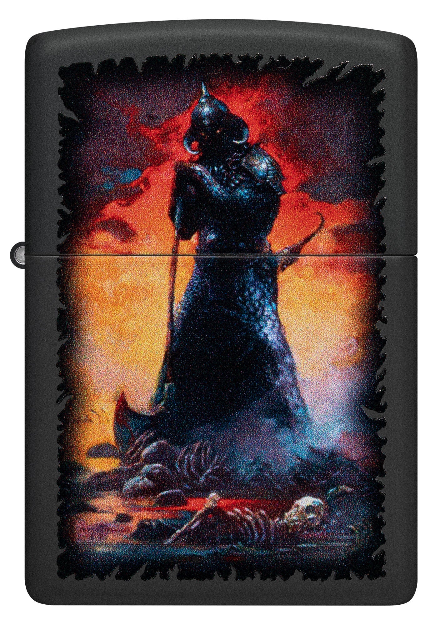 Front view of Zippo Frank Frazetta Evil Overlord Black Matte Windproof Lighter.