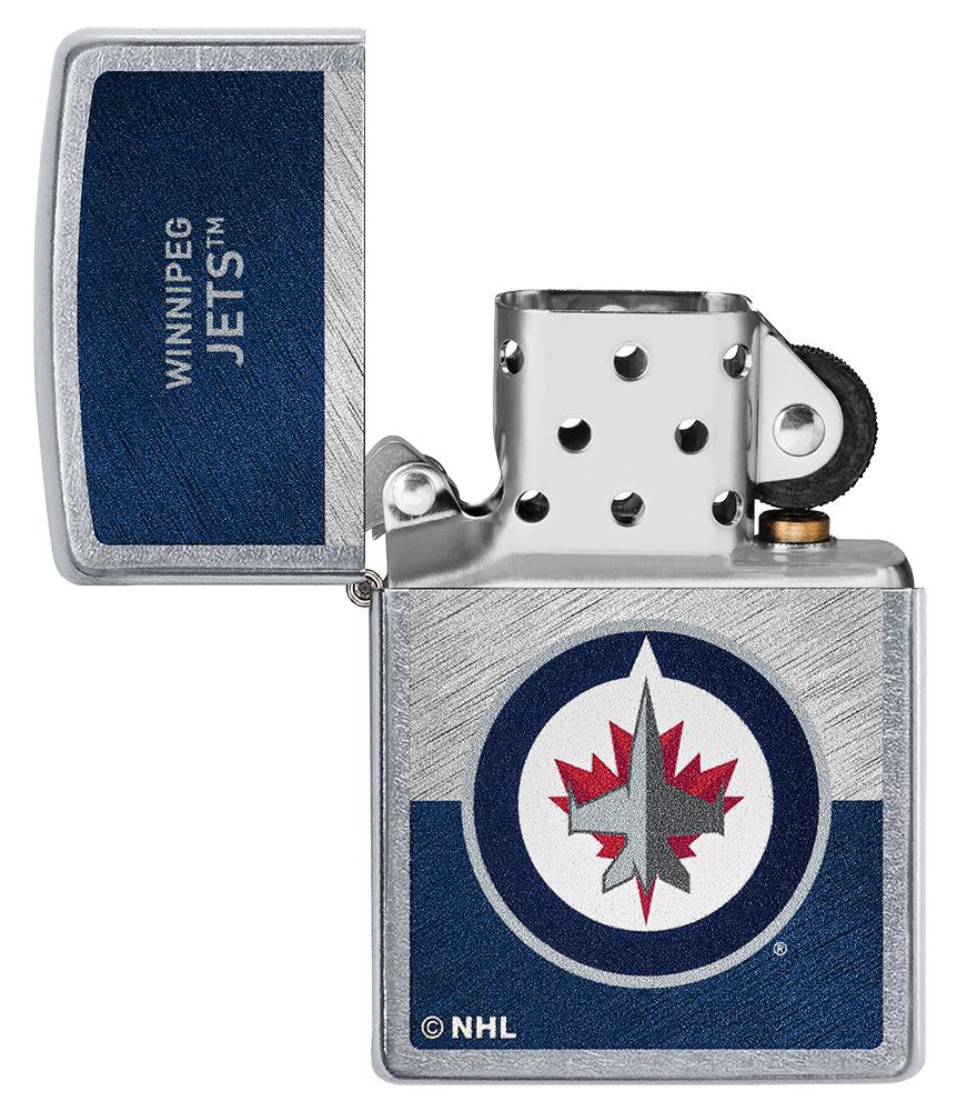 NHL® Winnipeg Jets Street Chrome™ Windproof Lighter with its lid open and unlit