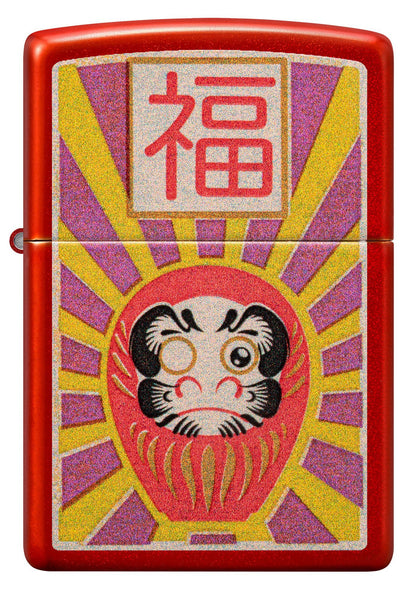 Front shot of Zippo Daruma Design Metallic Red Windproof Lighter.