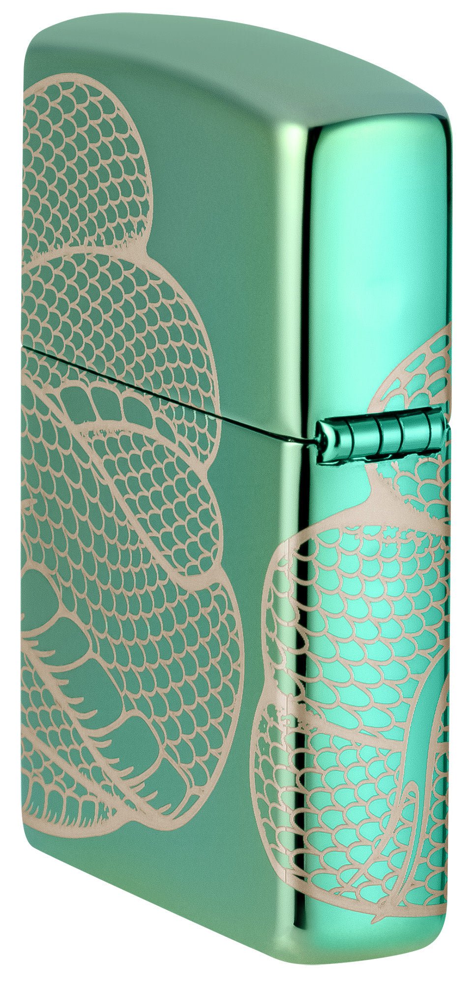 Front shot of Snake Design High Polish Green Windproof Lighter.