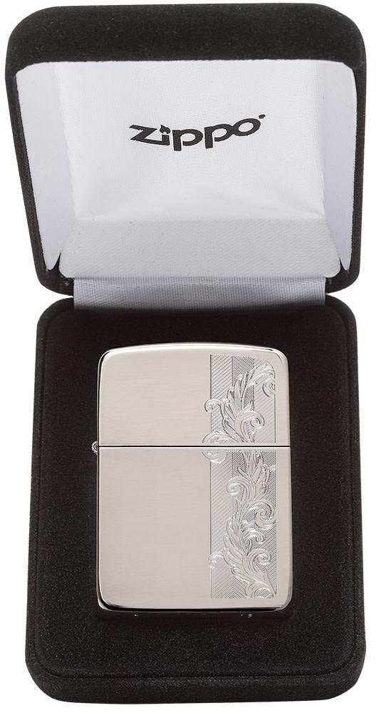 1941 Replica Sterling Silver Herringbone Filigree Design Windproof Lighter in its packaging.