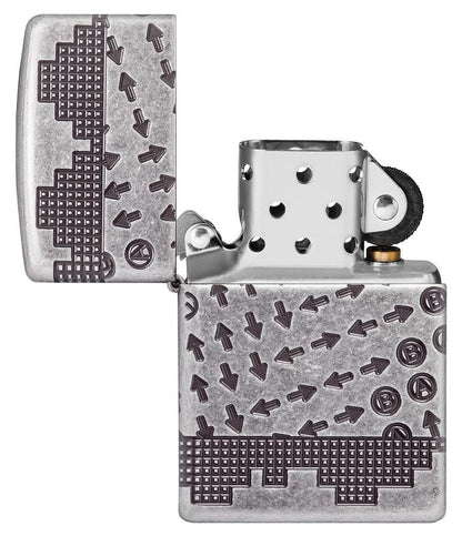 Gaming Cheat Code ArmorÂ® Antique Silver Windproof Lighter with its lid open and unlit.