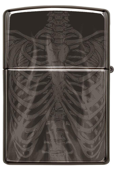 Back shot of Rib Cage Design High Polish Black Windproof Lighter.