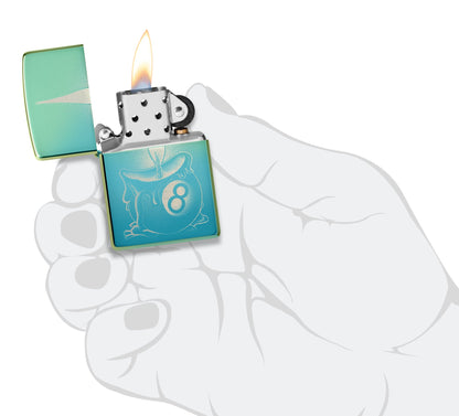 Zippo Eight Ball Tattoo Design High Polish Teal Windproof Lighter lit in hand.