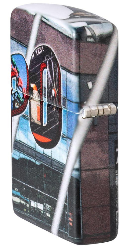 Angled view of Greetings from Zippo 540 Color Windproof Lighter showing the back and hinge side of the lighter