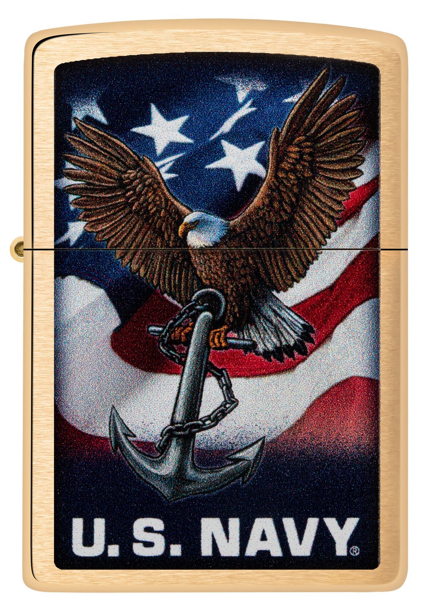 Front view of Zippo U.S. Navy Eagle Anchor & Flag Brushed Brass Windproof Lighter.